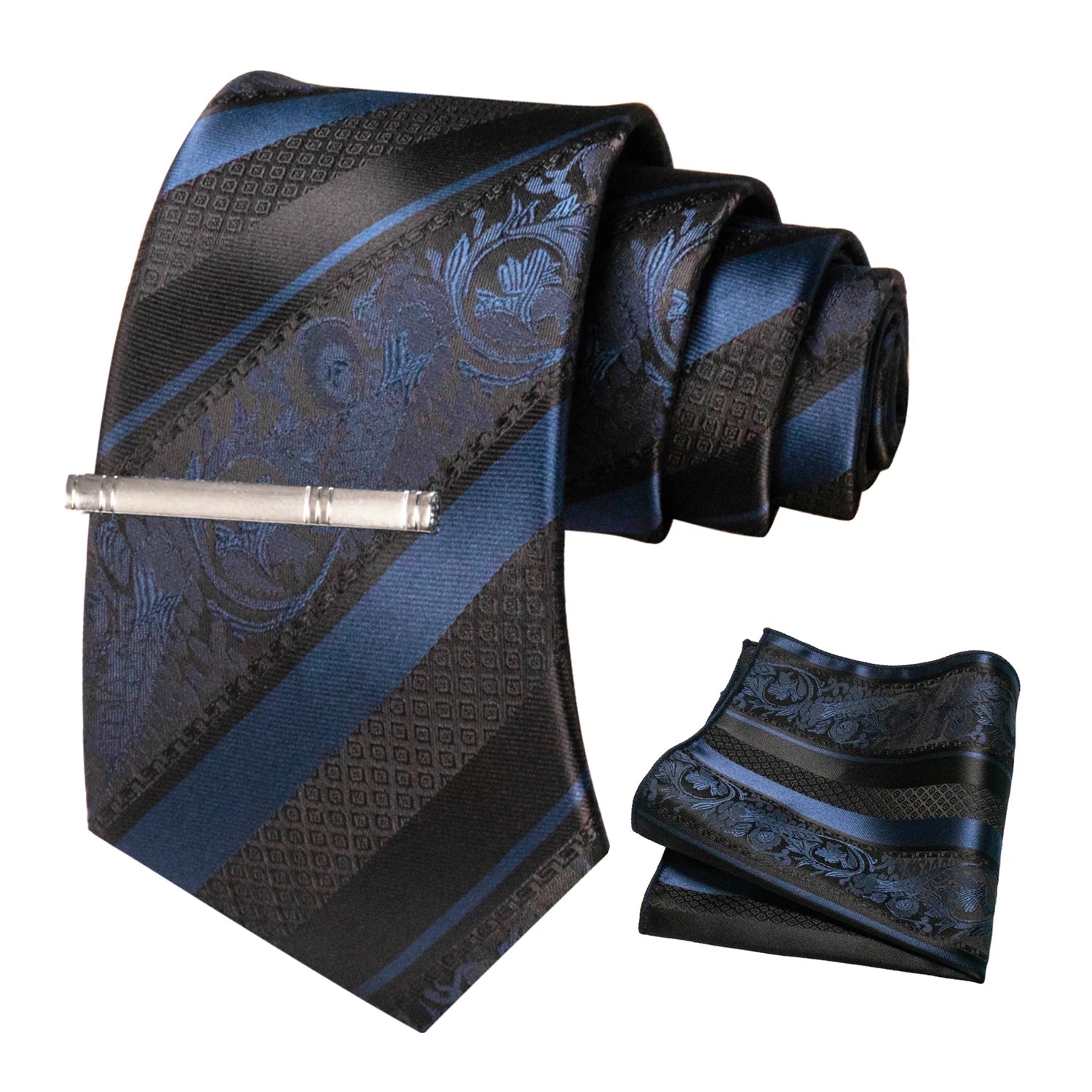 Classic Men's Floral Silk Tie Set – 8cm Necktie with Pocket Square & Tie Clip