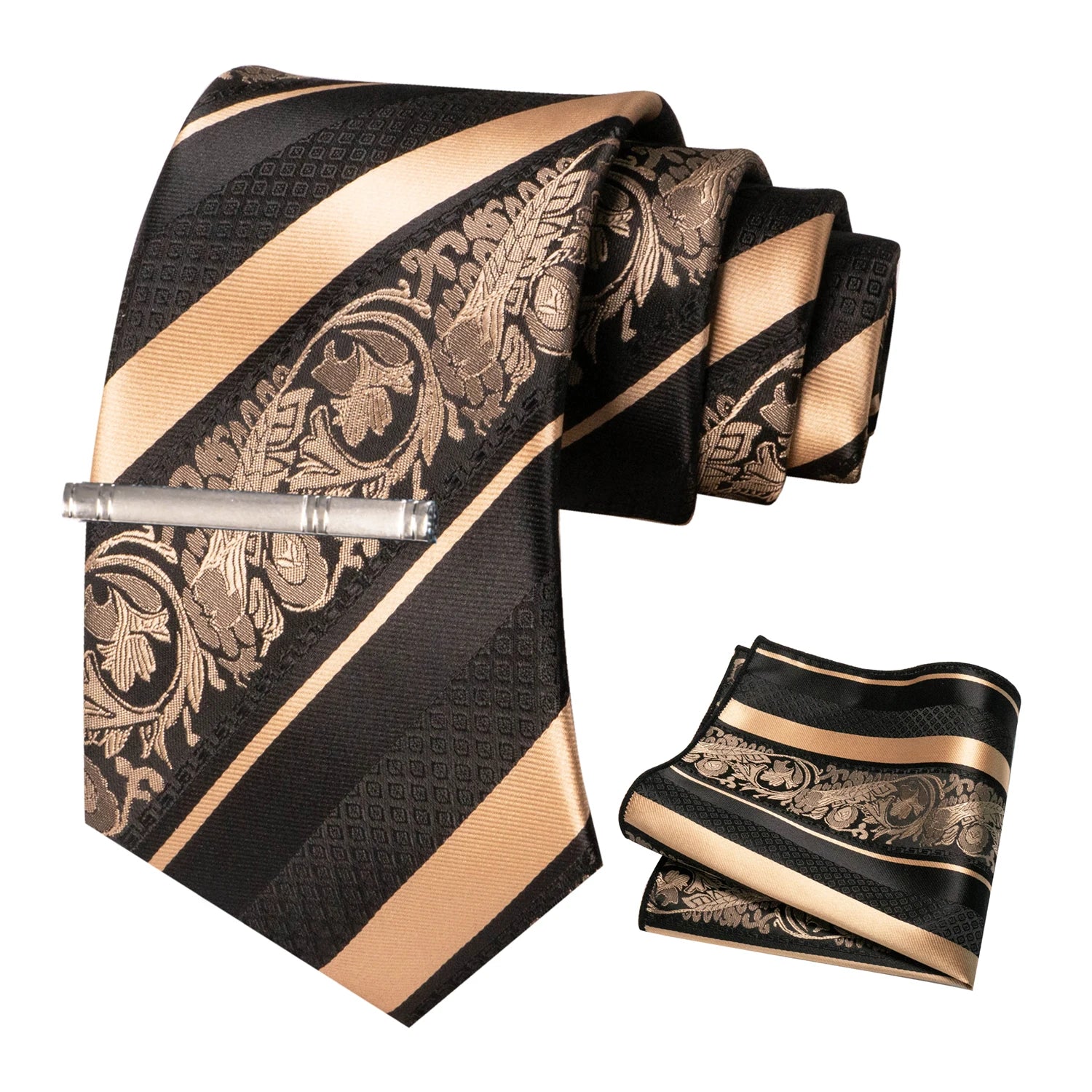 Classic Men's Floral Silk Tie Set – 8cm Necktie with Pocket Square & Tie Clip