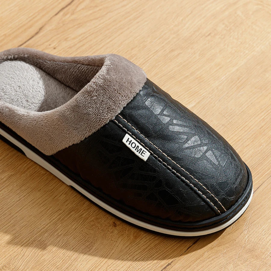 Men's Winter Waterproof PU Leather Slippers - Large Size Fur Home Shoes