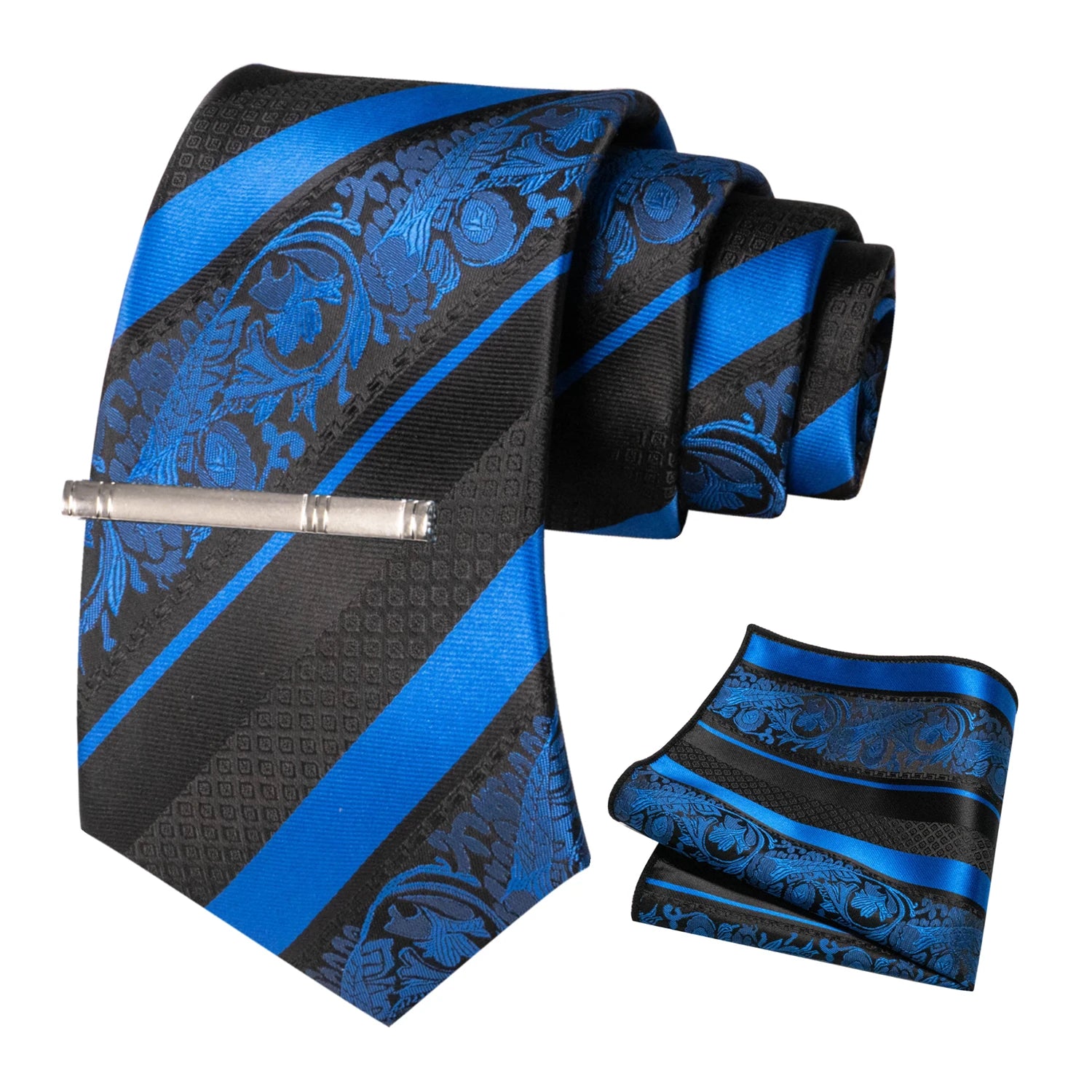 Classic Men's Floral Silk Tie Set – 8cm Necktie with Pocket Square & Tie Clip