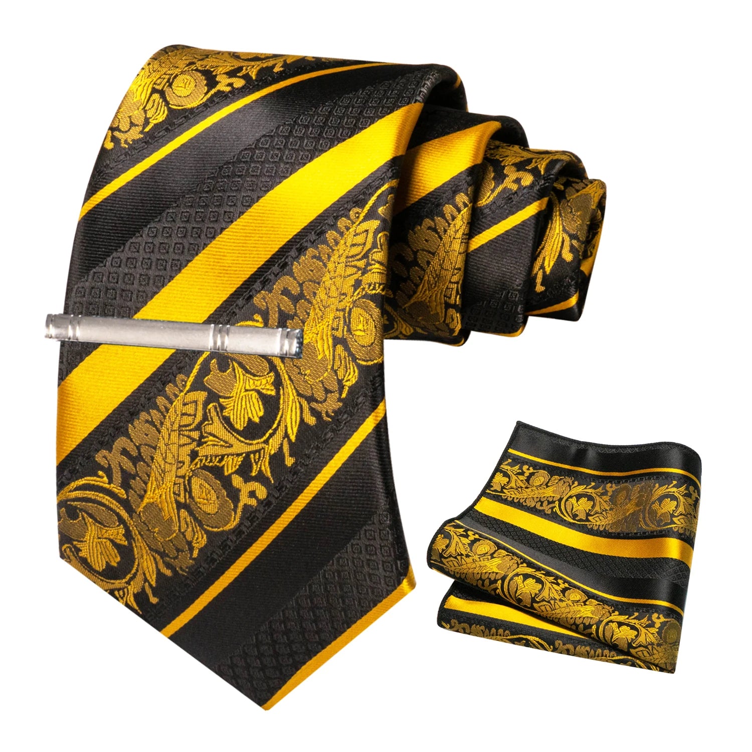 Classic Men's Floral Silk Tie Set – 8cm Necktie with Pocket Square & Tie Clip