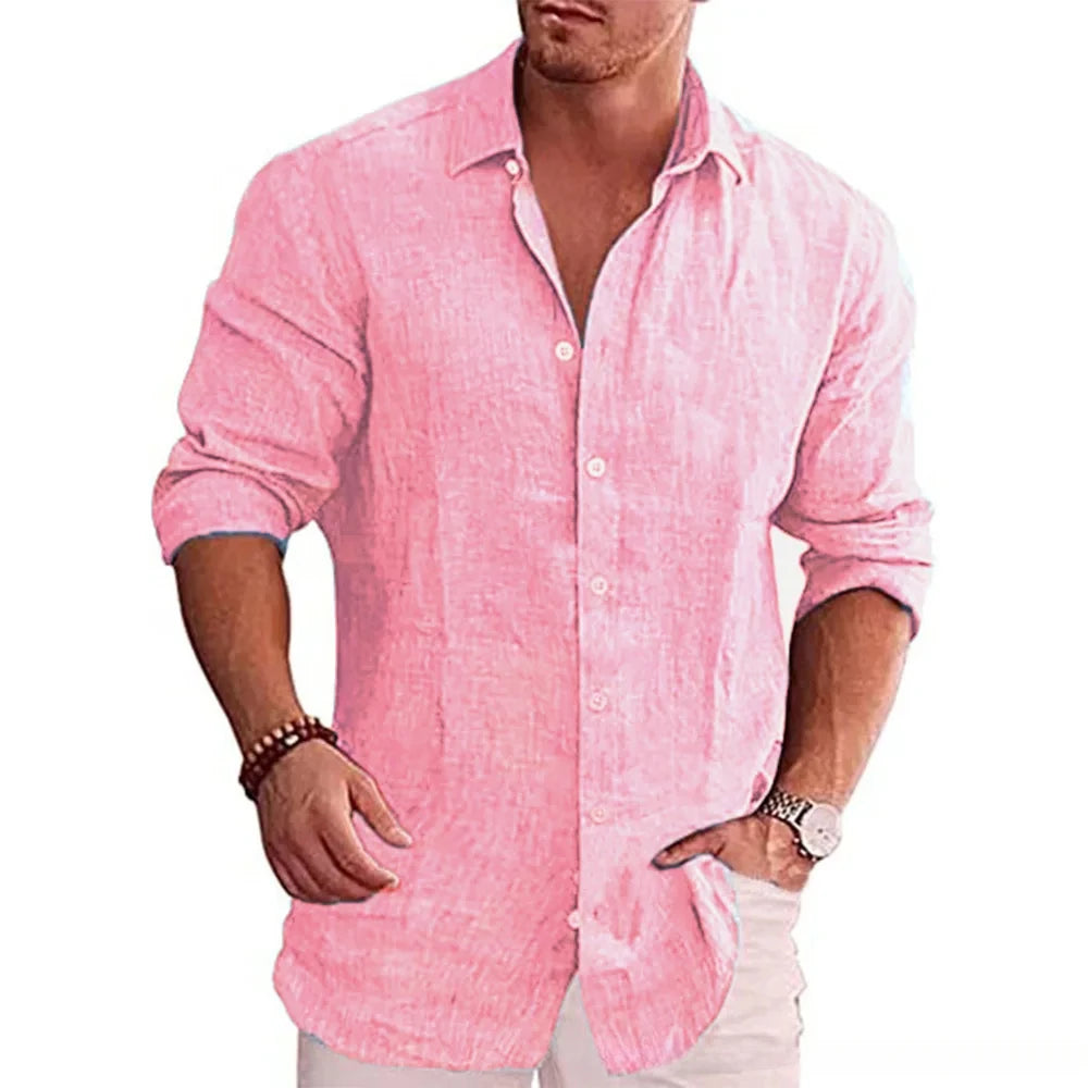 Men's Casual Cotton Linen Long Sleeve Shirt