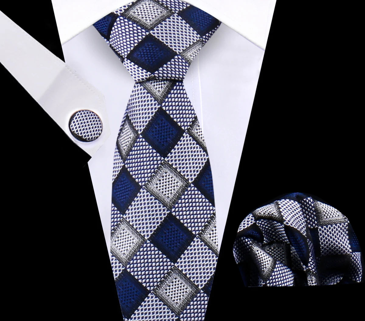 Luxury Plaid Tie Set for Men - Necktie, Handkerchief, Pocket Square, Cufflinks