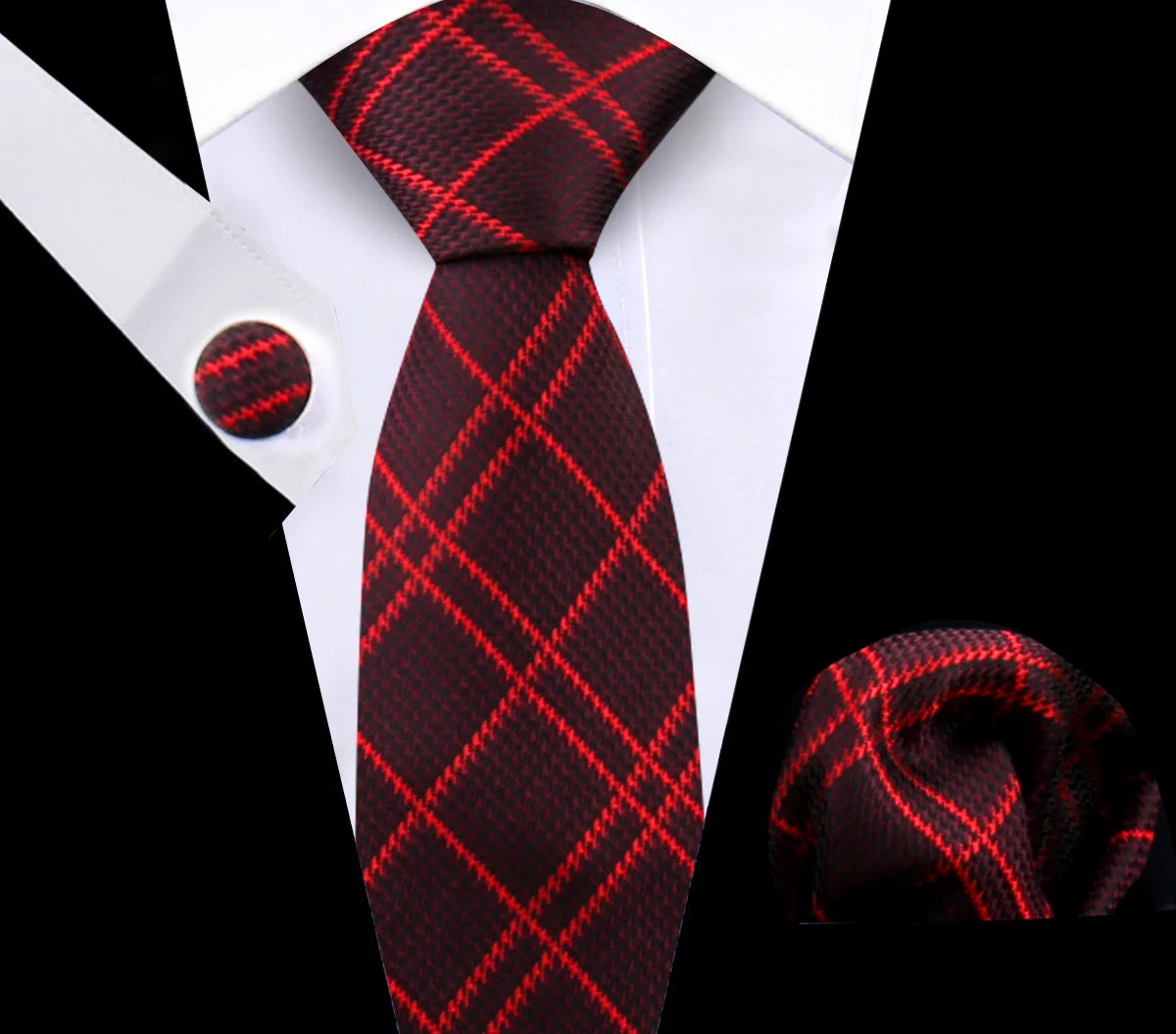 Luxury Plaid Tie Set for Men - Necktie, Handkerchief, Pocket Square, Cufflinks