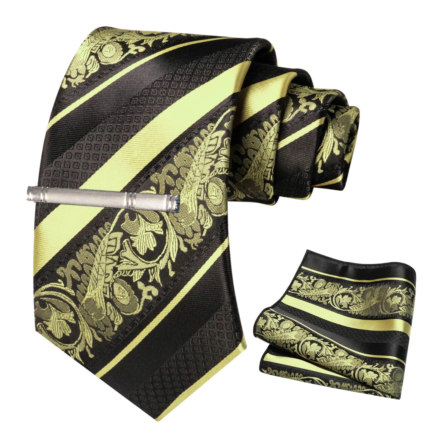 Classic Men's Floral Silk Tie Set – 8cm Necktie with Pocket Square & Tie Clip