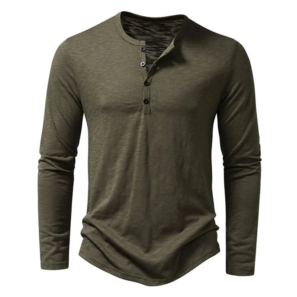 Men's Cotton Button Henley Long Sleeve Shirt