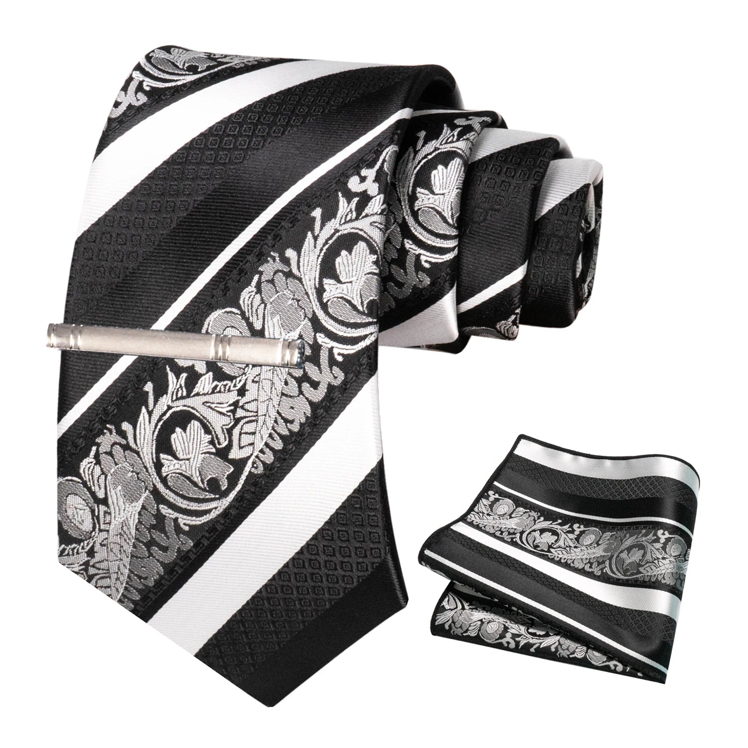 Classic Men's Floral Silk Tie Set – 8cm Necktie with Pocket Square & Tie Clip