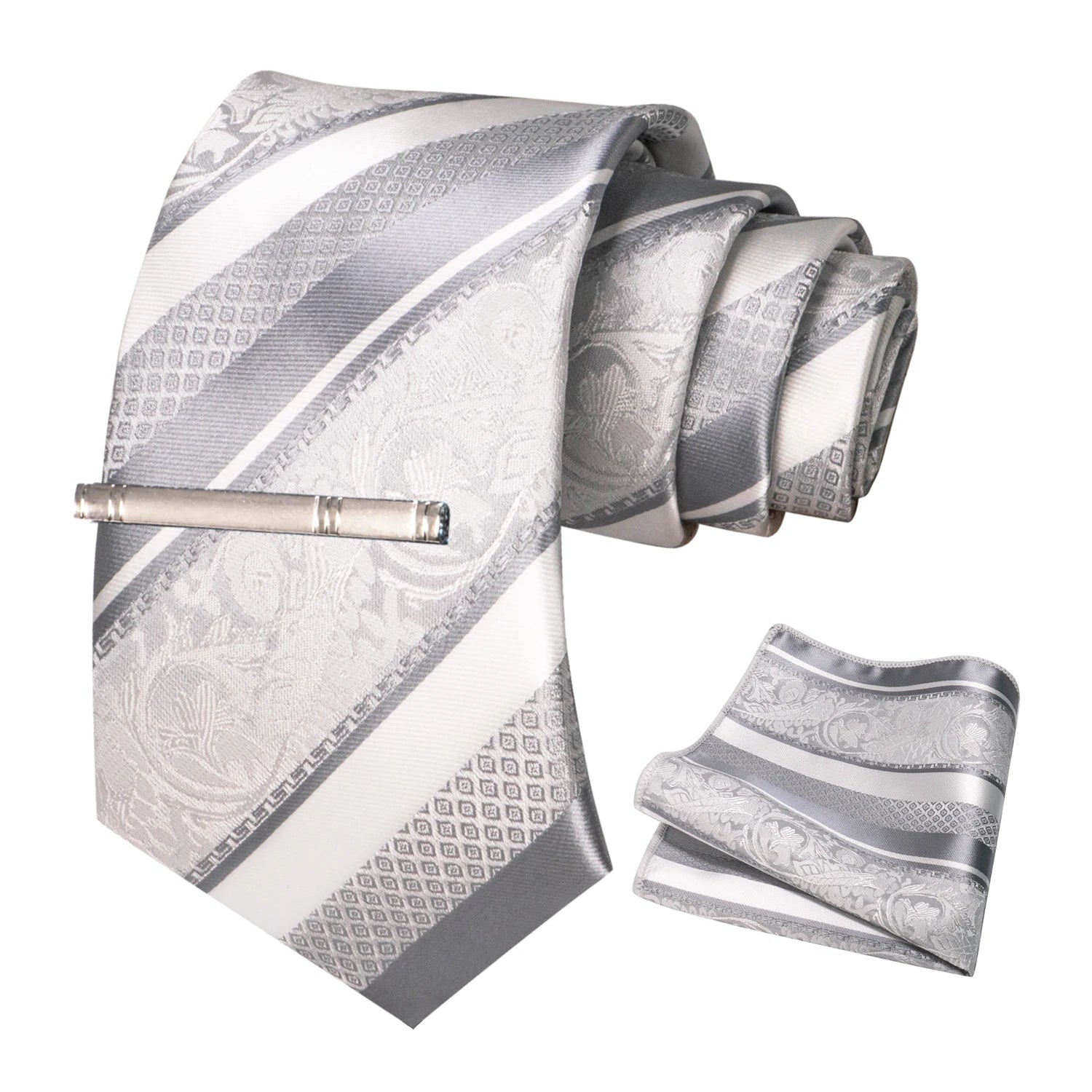 Classic Men's Floral Silk Tie Set – 8cm Necktie with Pocket Square & Tie Clip