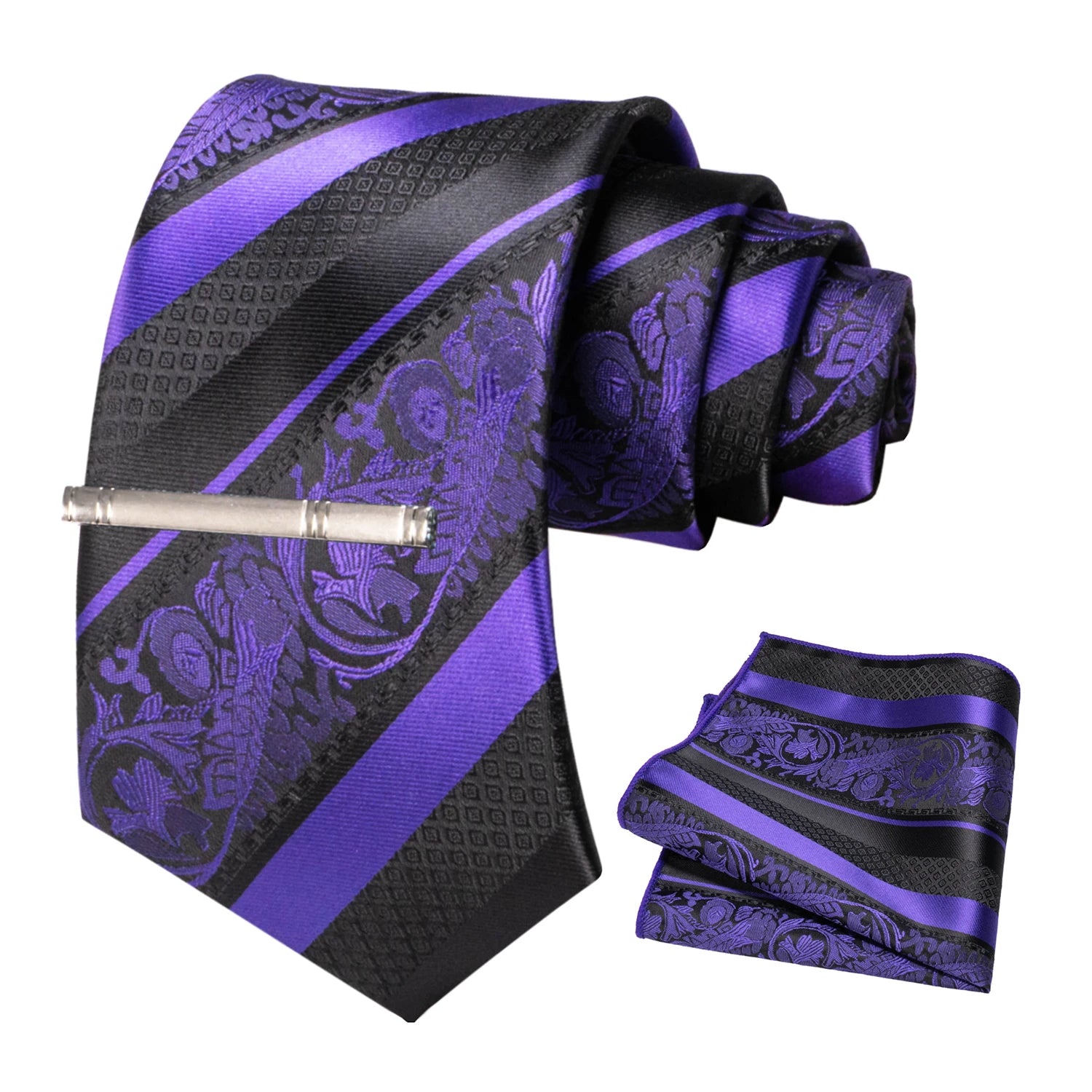 Classic Men's Floral Silk Tie Set – 8cm Necktie with Pocket Square & Tie Clip