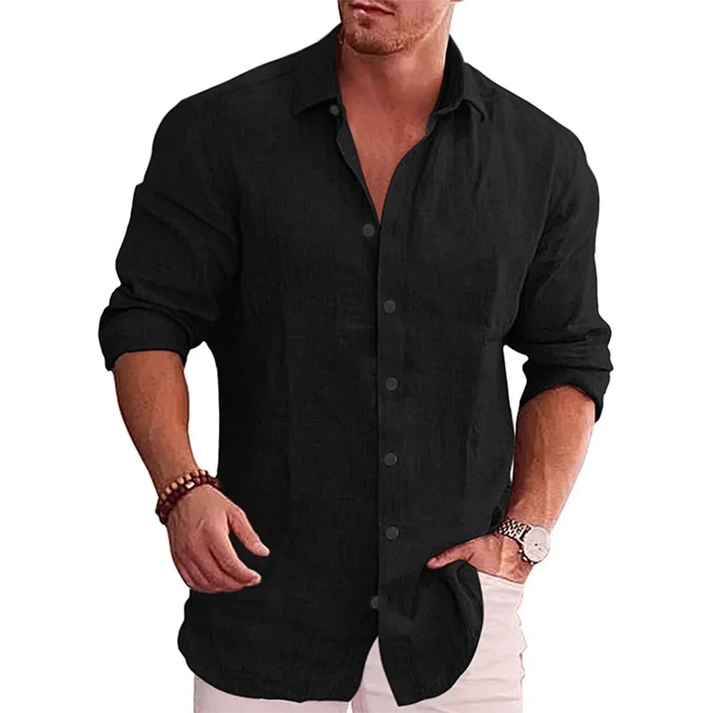 Men's Casual Cotton Linen Long Sleeve Shirt