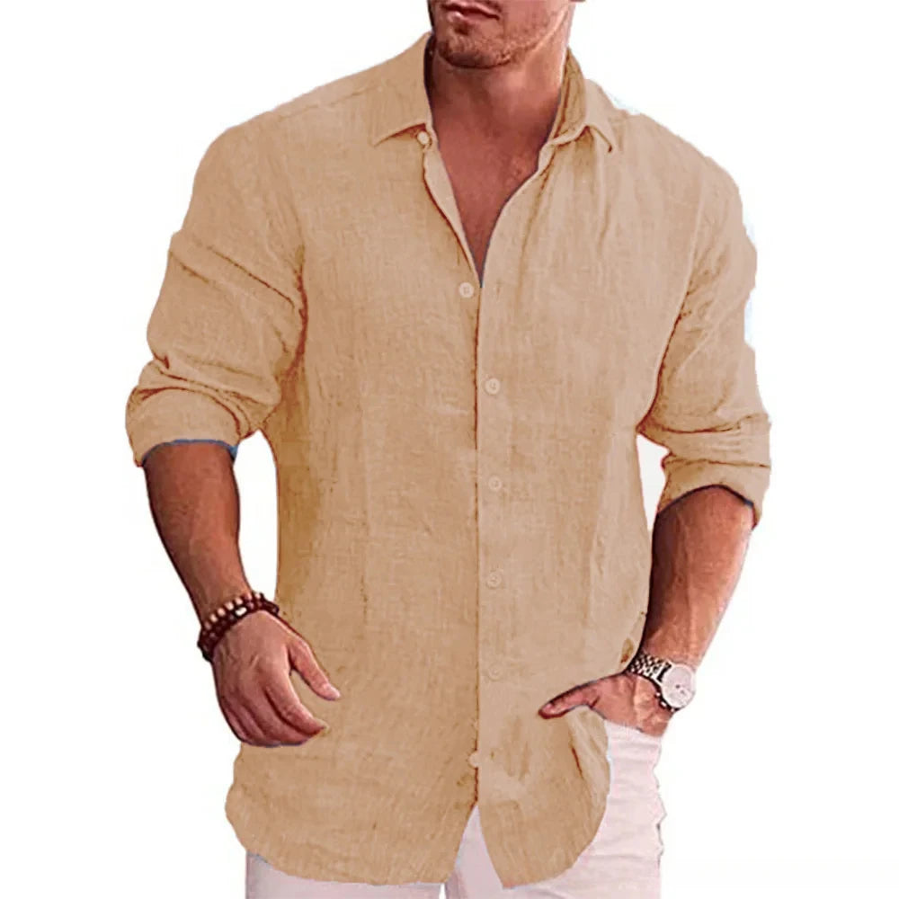 Men's Casual Cotton Linen Long Sleeve Shirt