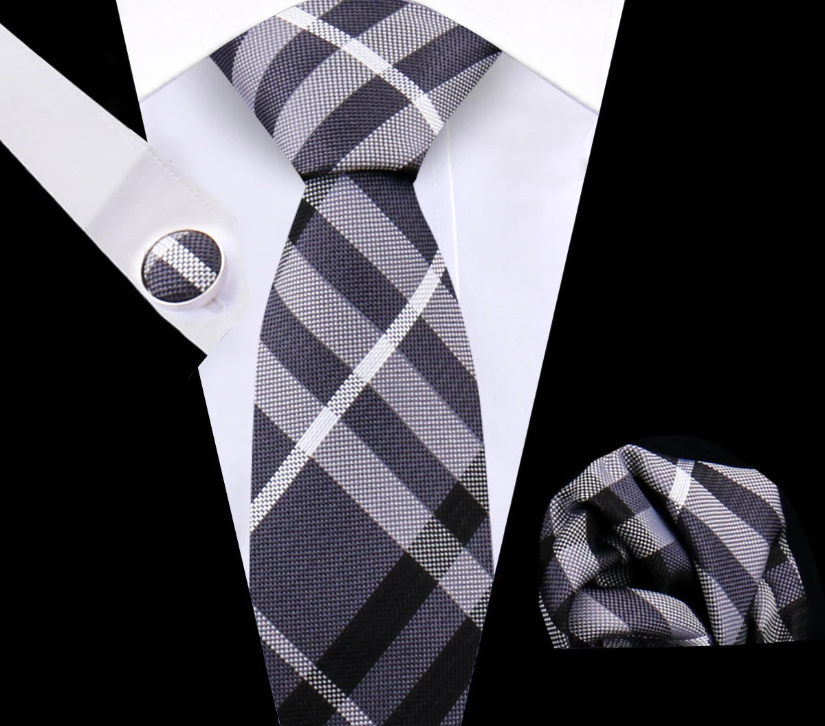 Luxury Plaid Tie Set for Men - Necktie, Handkerchief, Pocket Square, Cufflinks