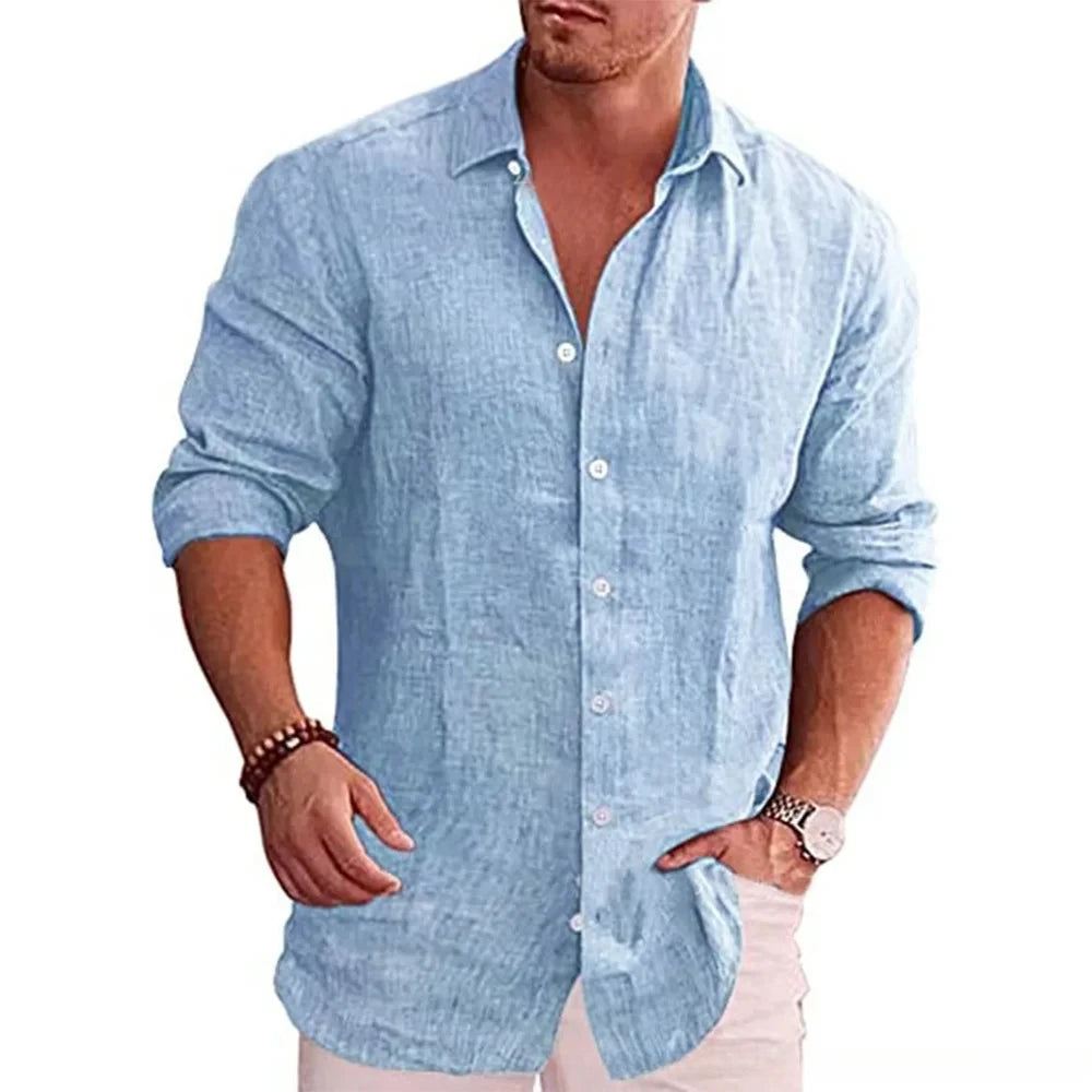 Men's Casual Cotton Linen Long Sleeve Shirt