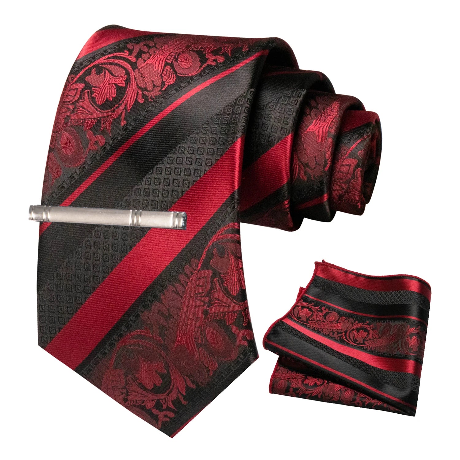 Classic Men's Floral Silk Tie Set – 8cm Necktie with Pocket Square & Tie Clip