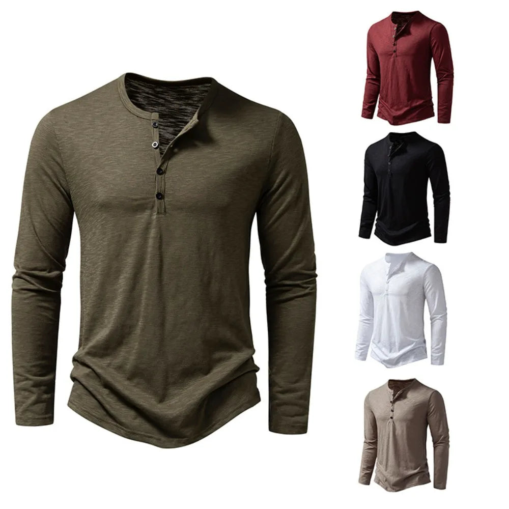 Men's Cotton Button Henley Long Sleeve Shirt