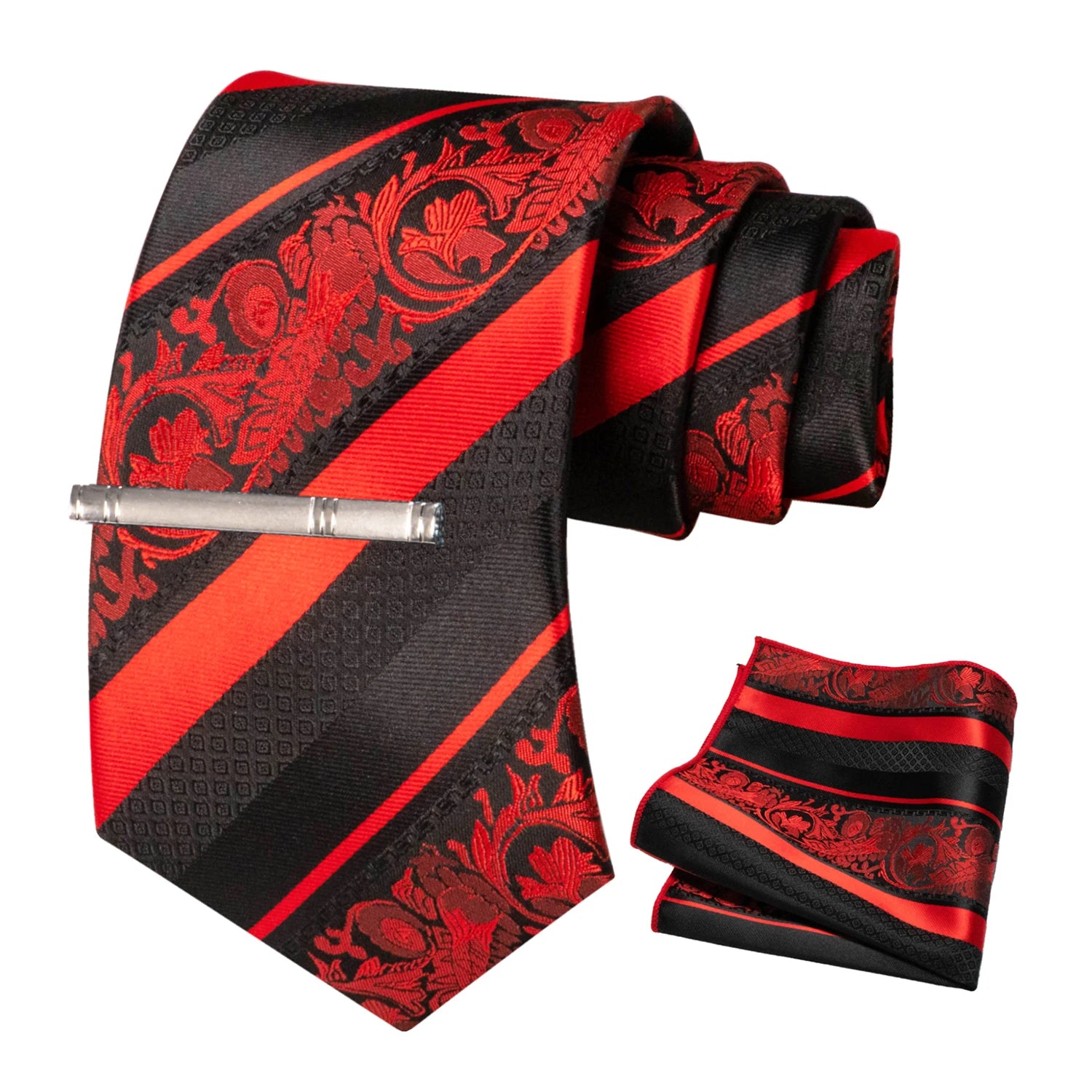 Classic Men's Floral Silk Tie Set – 8cm Necktie with Pocket Square & Tie Clip