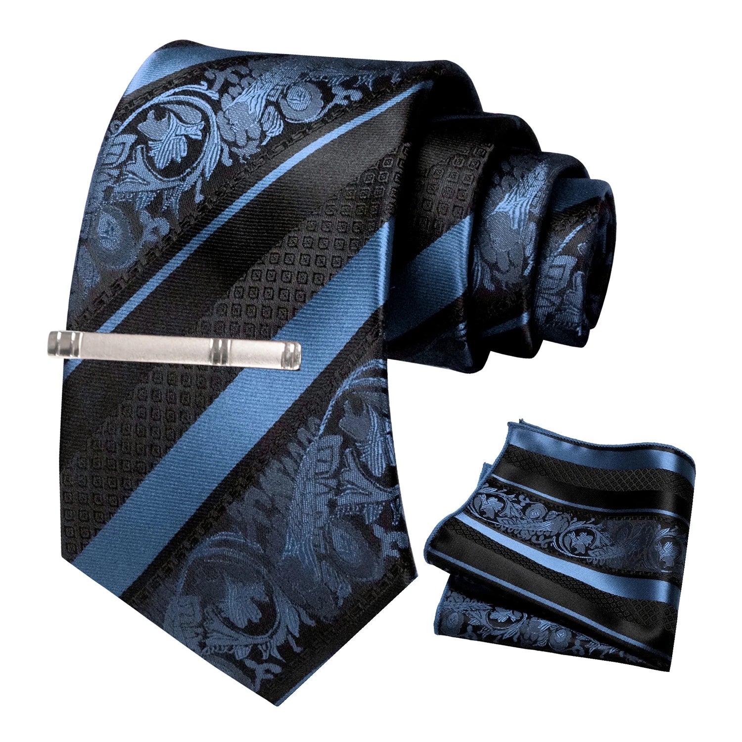 Classic Men's Floral Silk Tie Set – 8cm Necktie with Pocket Square & Tie Clip