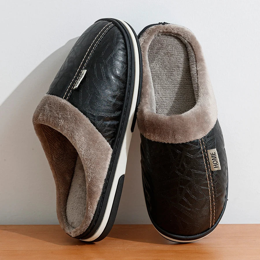 Men's Winter Waterproof PU Leather Slippers - Large Size Fur Home Shoes