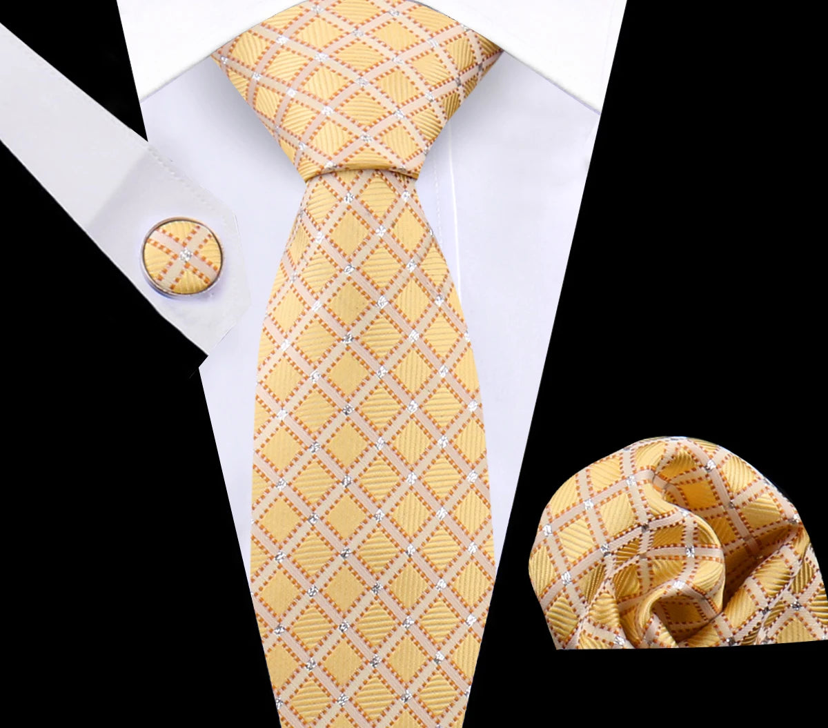 Luxury Plaid Tie Set for Men - Necktie, Handkerchief, Pocket Square, Cufflinks