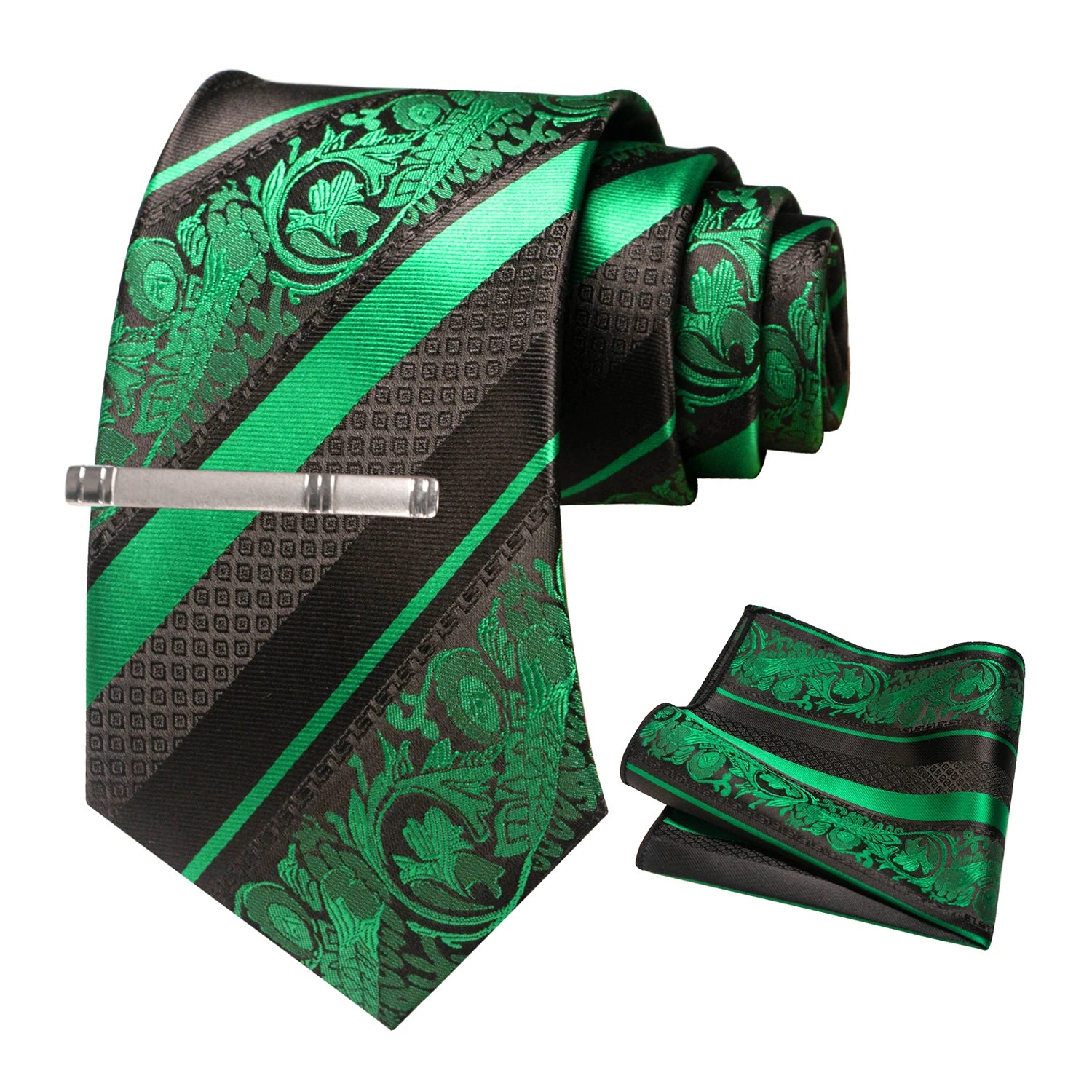 Classic Men's Floral Silk Tie Set – 8cm Necktie with Pocket Square & Tie Clip