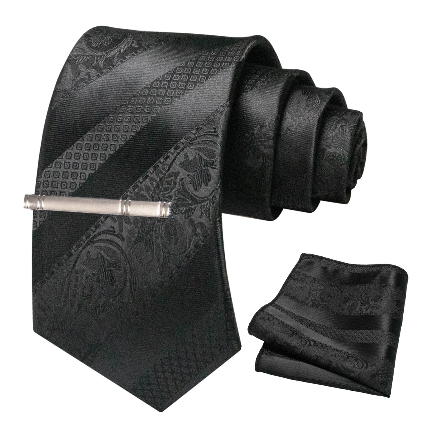 Classic Men's Floral Silk Tie Set – 8cm Necktie with Pocket Square & Tie Clip