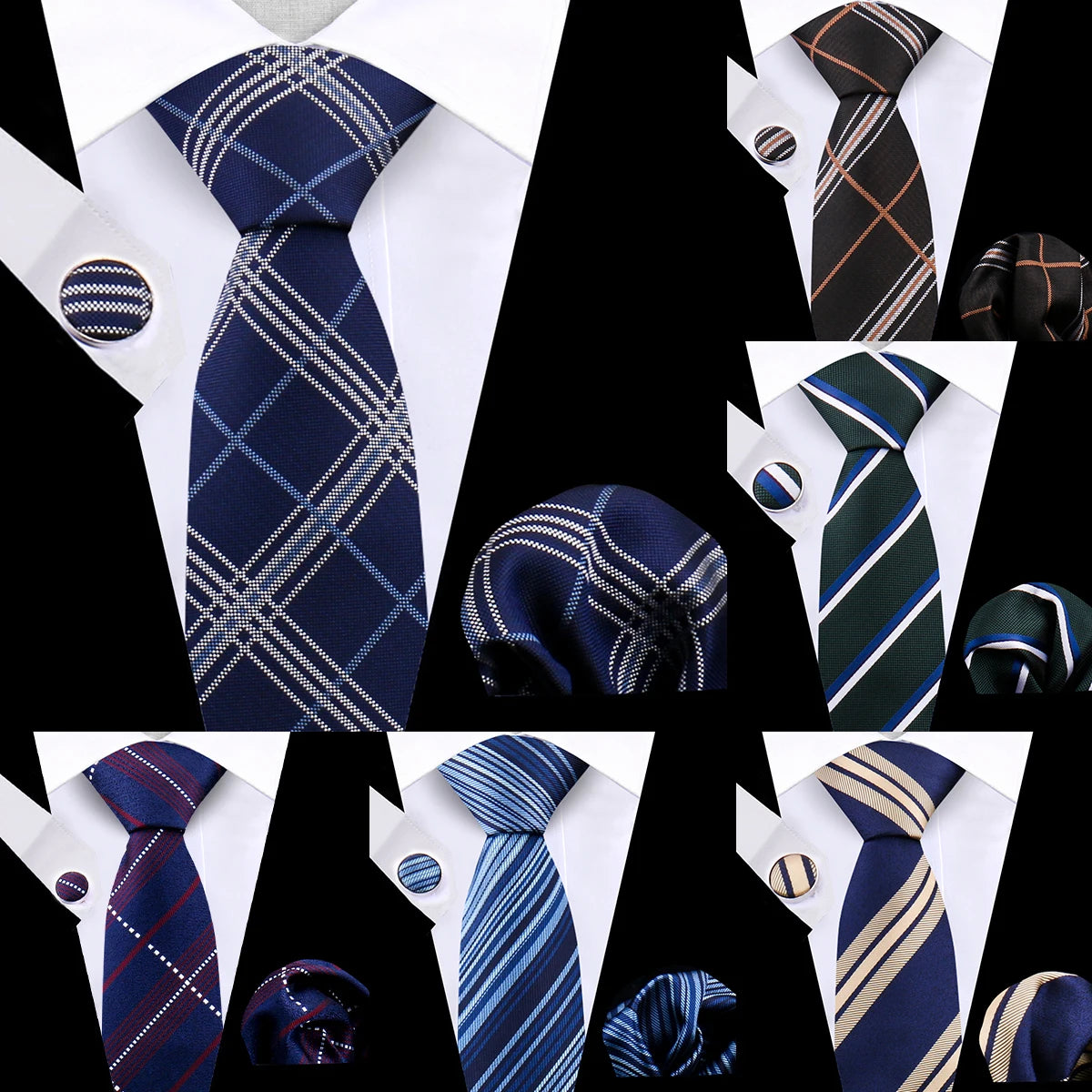 Luxury Plaid Tie Set for Men - Necktie, Handkerchief, Pocket Square, Cufflinks