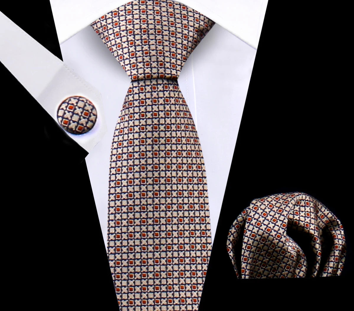 Luxury Plaid Tie Set for Men - Necktie, Handkerchief, Pocket Square, Cufflinks