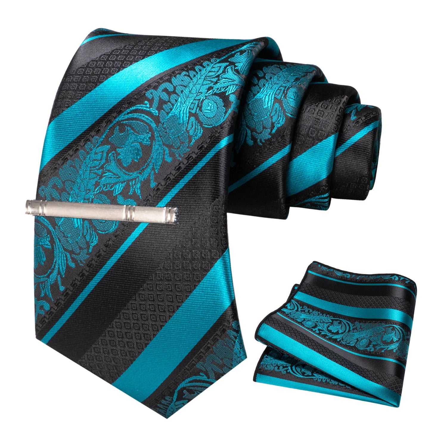 Classic Men's Floral Silk Tie Set – 8cm Necktie with Pocket Square & Tie Clip