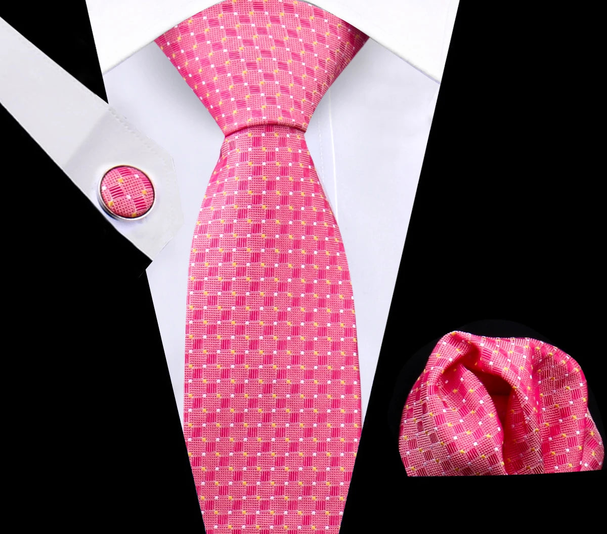 Luxury Plaid Tie Set for Men - Necktie, Handkerchief, Pocket Square, Cufflinks