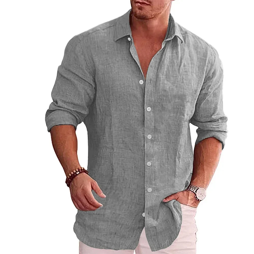 Men's Casual Cotton Linen Long Sleeve Shirt