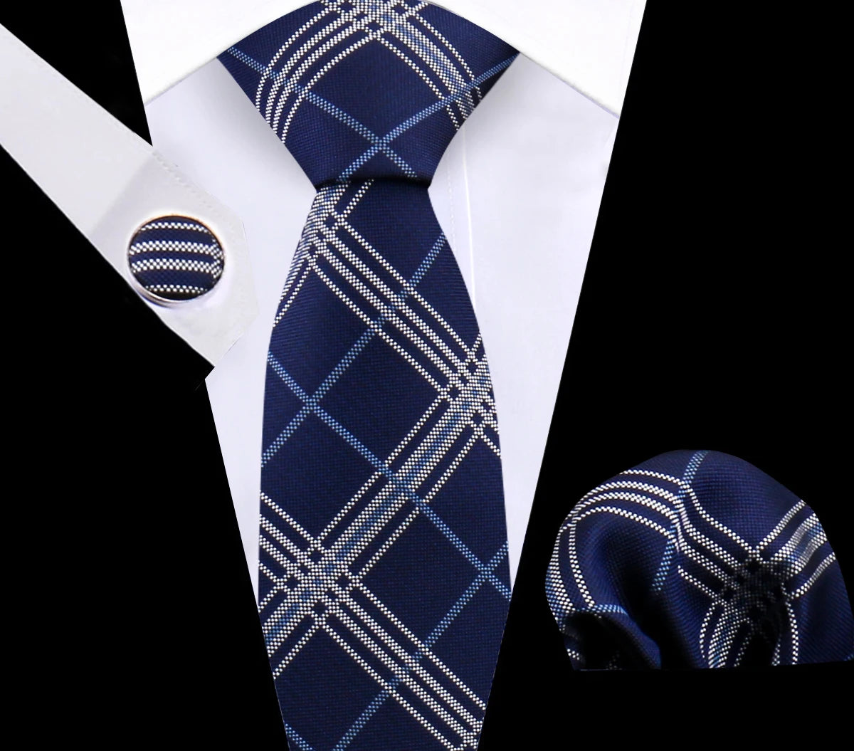 Luxury Plaid Tie Set for Men - Necktie, Handkerchief, Pocket Square, Cufflinks