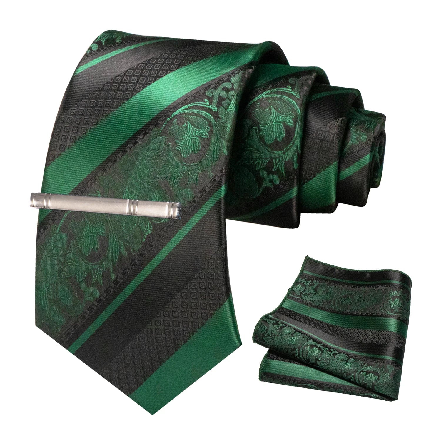 Classic Men's Floral Silk Tie Set – 8cm Necktie with Pocket Square & Tie Clip