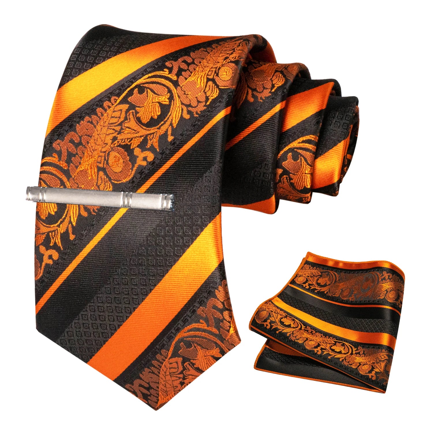 Classic Men's Floral Silk Tie Set – 8cm Necktie with Pocket Square & Tie Clip