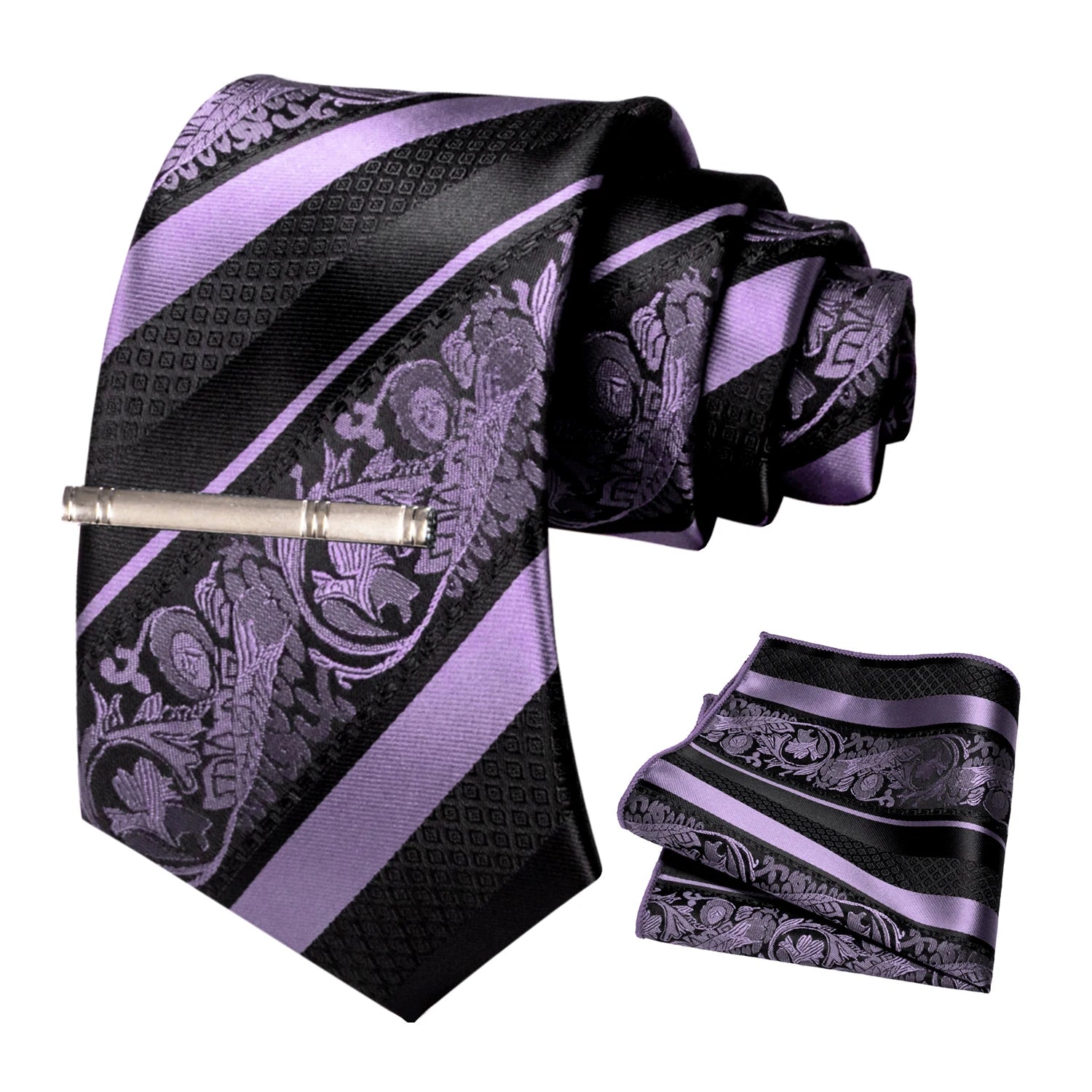 Classic Men's Floral Silk Tie Set – 8cm Necktie with Pocket Square & Tie Clip