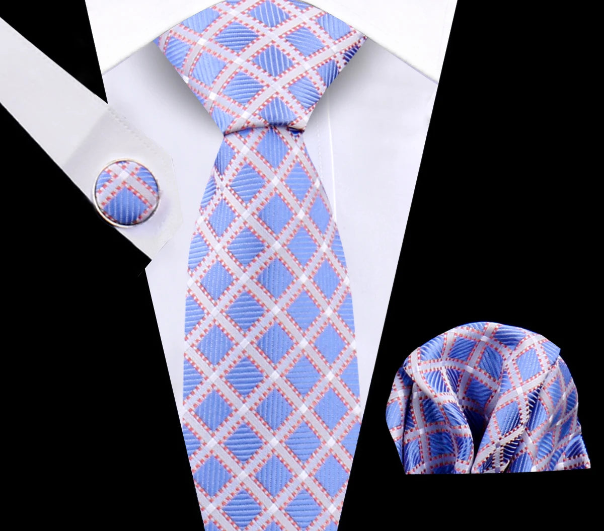 Luxury Plaid Tie Set for Men - Necktie, Handkerchief, Pocket Square, Cufflinks