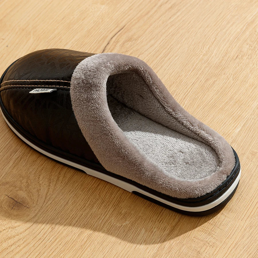 Men's Winter Waterproof PU Leather Slippers - Large Size Fur Home Shoes