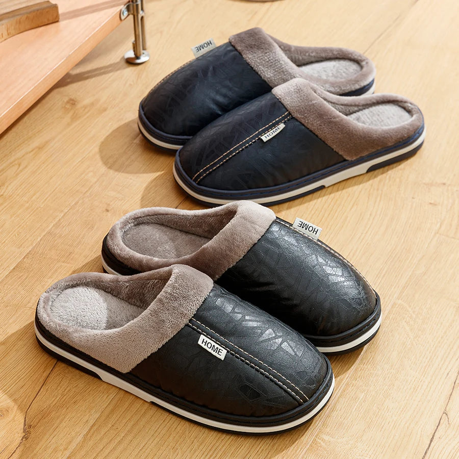 Men's Winter Waterproof PU Leather Slippers - Large Size Fur Home Shoes