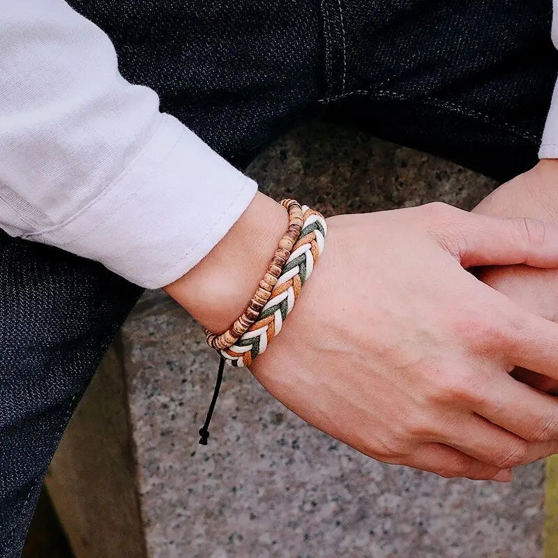 2Pcs Natural Coconut Husk Wood Bracelet Set for Men - Lava & Tiger Eye Beaded