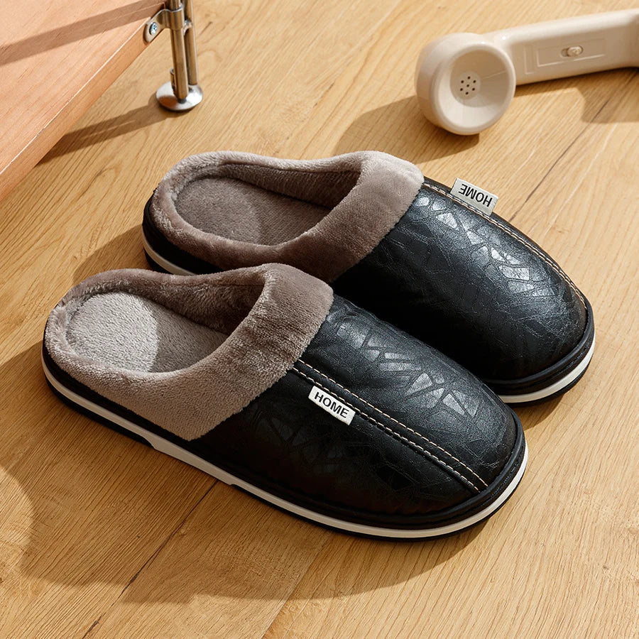 Men's Winter Waterproof PU Leather Slippers - Large Size Fur Home Shoes