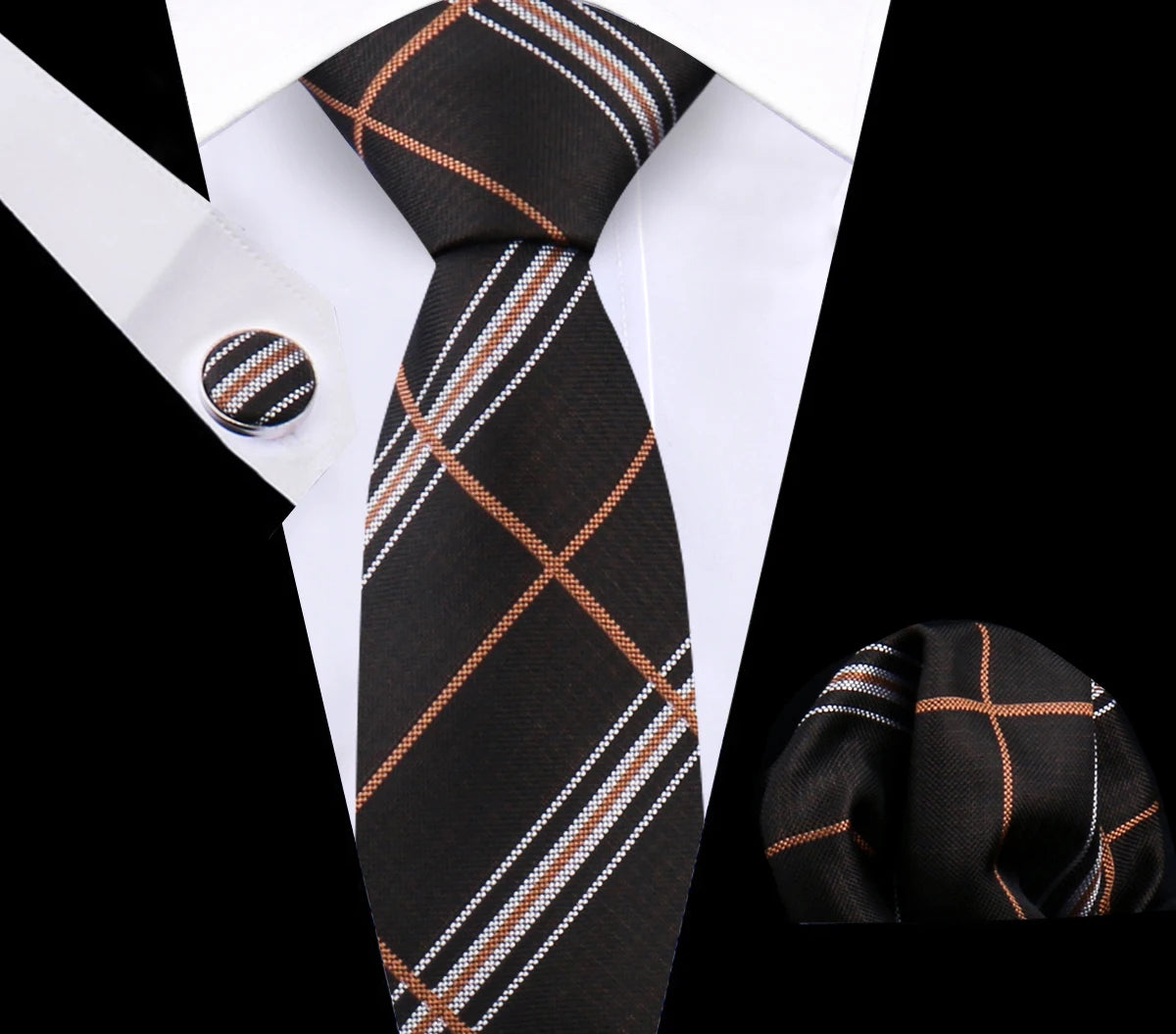 Luxury Plaid Tie Set for Men - Necktie, Handkerchief, Pocket Square, Cufflinks