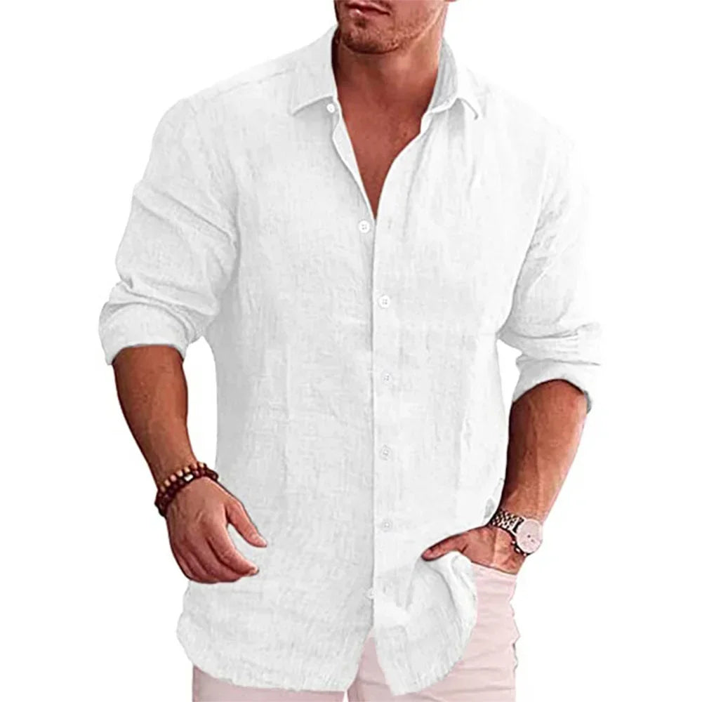 Men's Casual Cotton Linen Long Sleeve Shirt